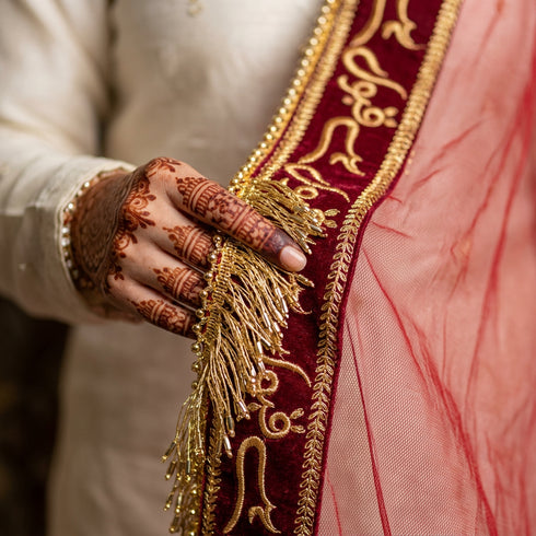 Bridal Red Dupatta with Golden Embroidery – Wedding Veil